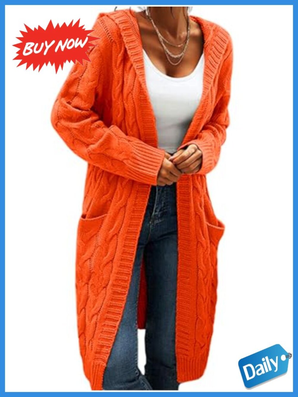 Hooded Open Front Cardigan Cable Knit Chunky Long Sweater Coat